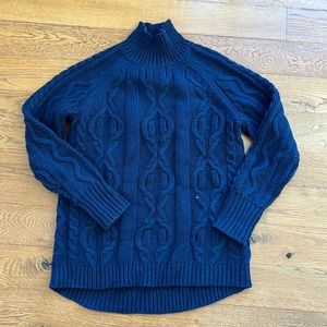 LL Bean Turleneck wool blend cable knit navy sweater